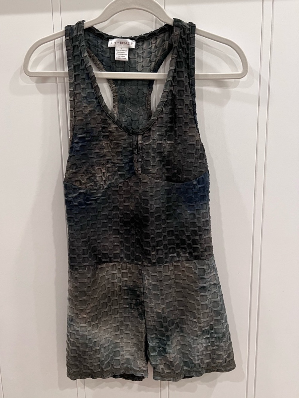 La*Image Textured Tie-Dye Romper in Charcoal Green